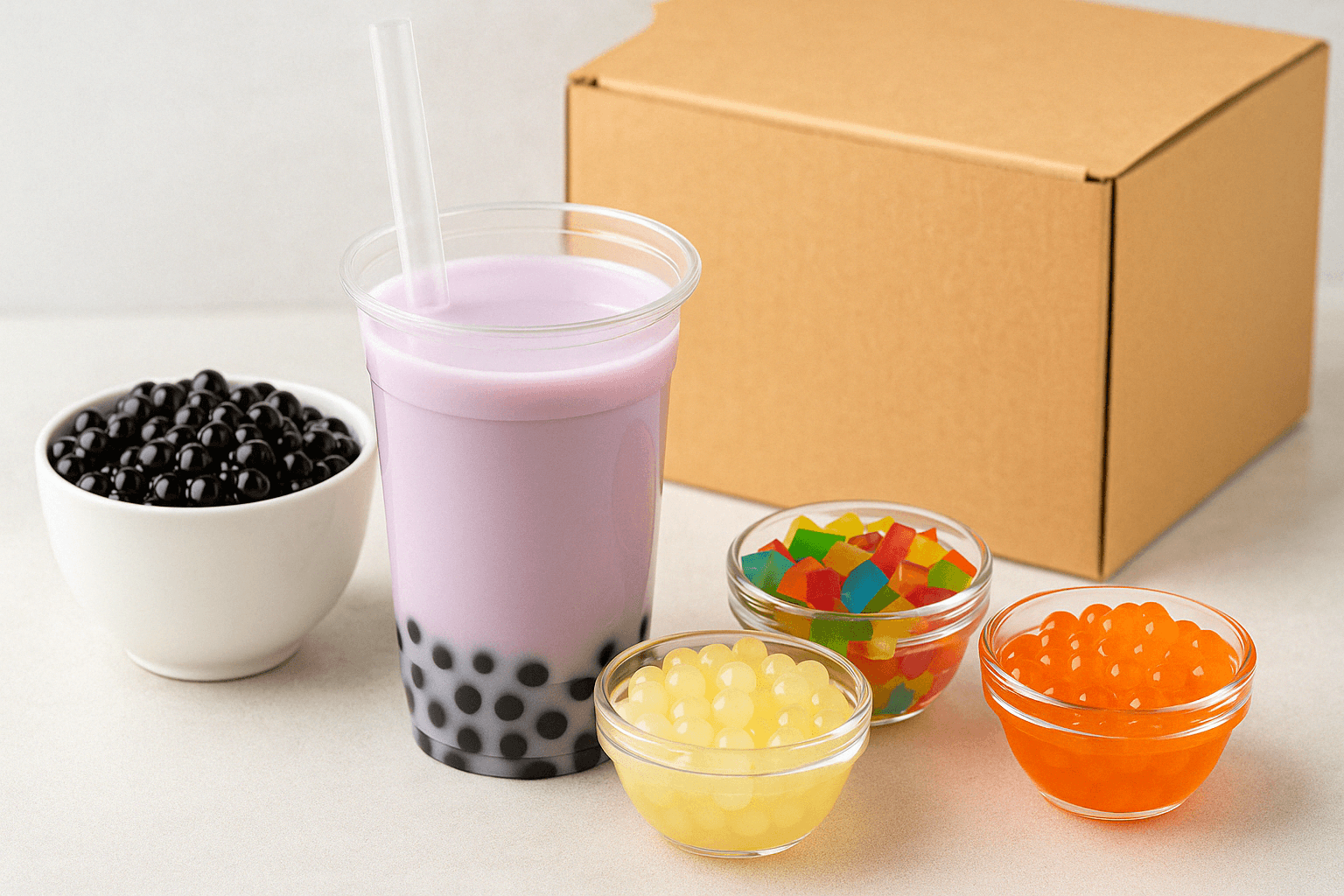 Assorted bubble tea toppings including rainbow jellies and yogurt popping pearls for wholesale supply