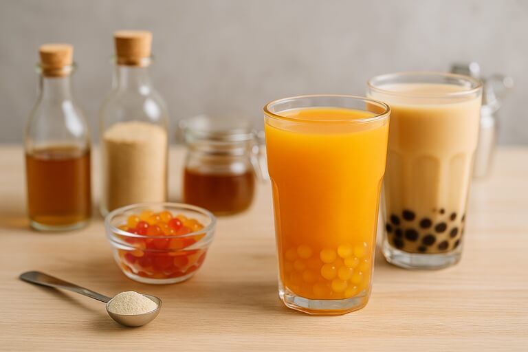 Two bubble tea drinks with bursting boba and tapioca pearls, surrounded by syrup, powder, and raw ingredients on a wooden surface