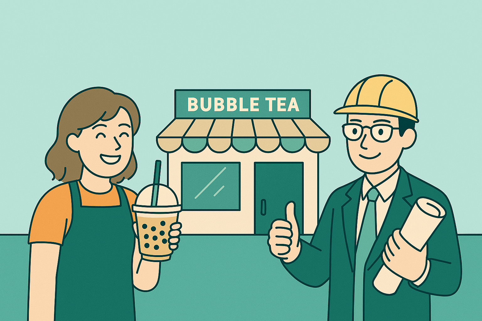 Bubble tea shop owner and interior designer shaking hands – turn-key store setup partnership illustration