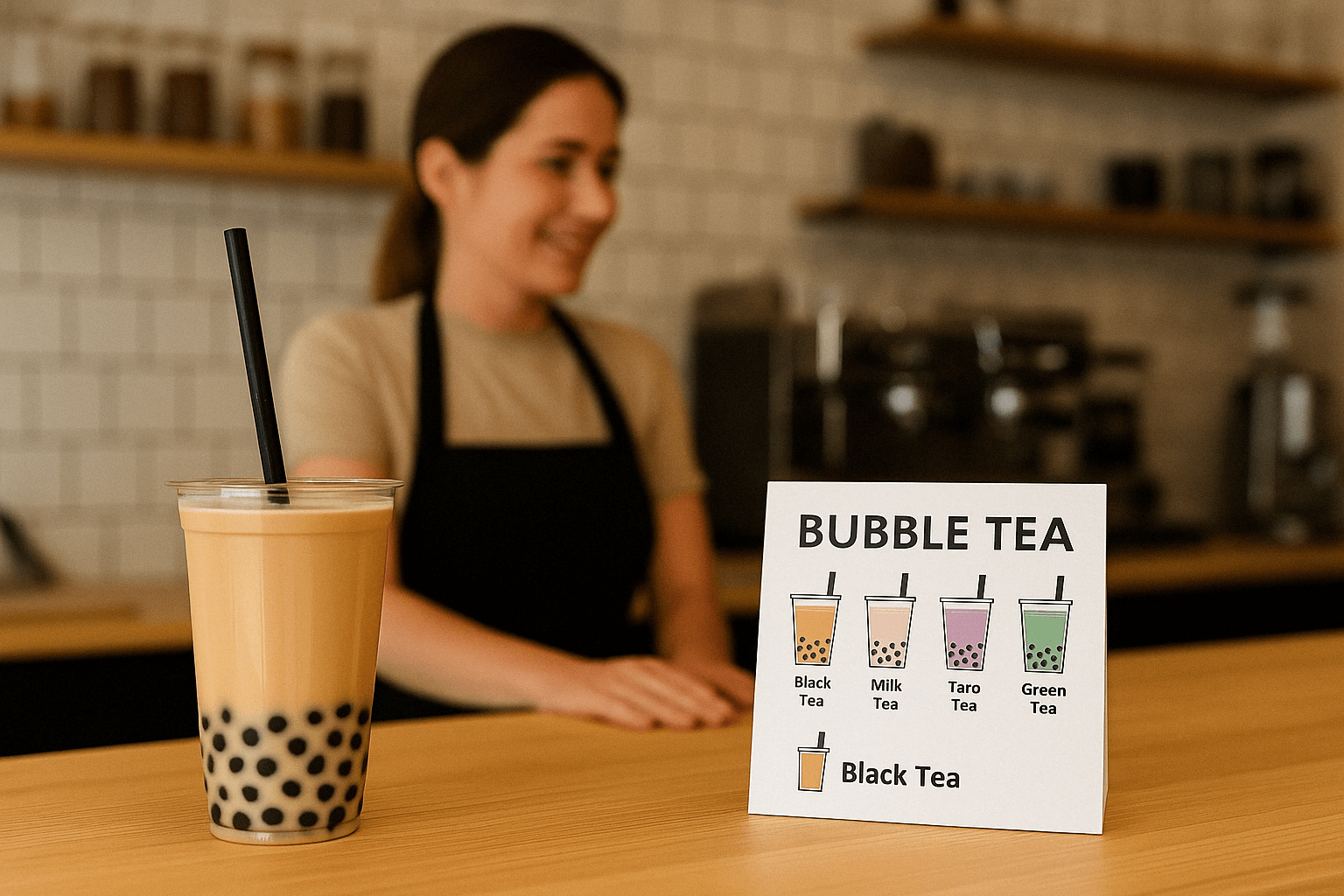 A high-resolution photo showing a modern bubble tea store under construction, with signage, counter setup, and ingredient containers, representing the process of building a bubble tea business in the USA.