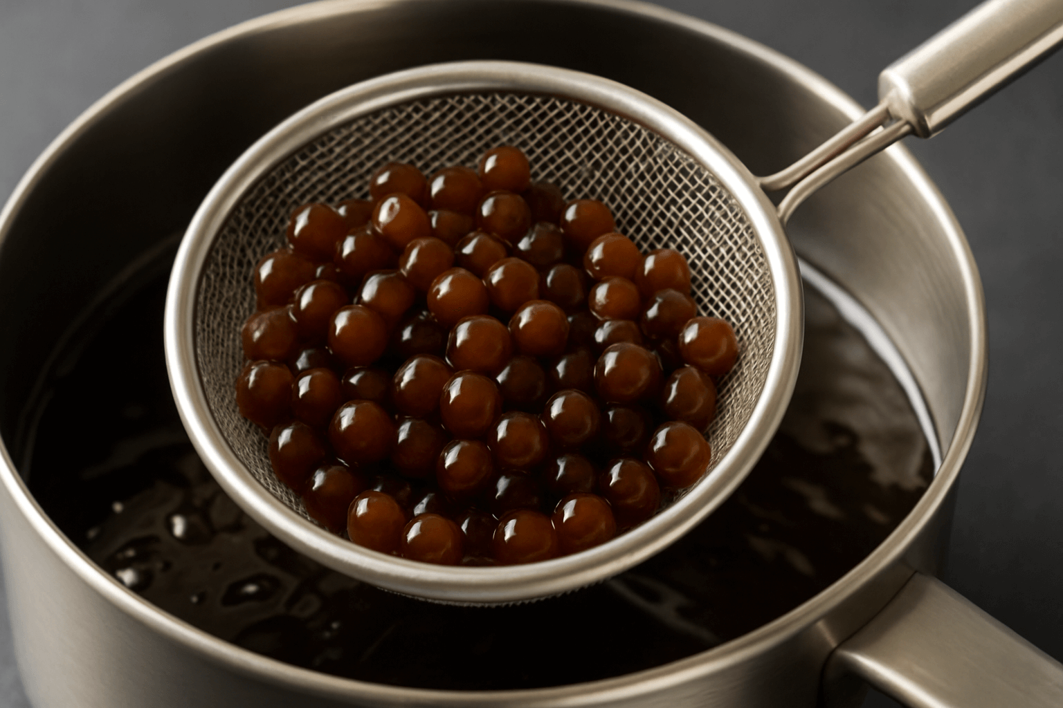 Cooked tapioca pearls in a stainless steel strainer over a pot of hot water