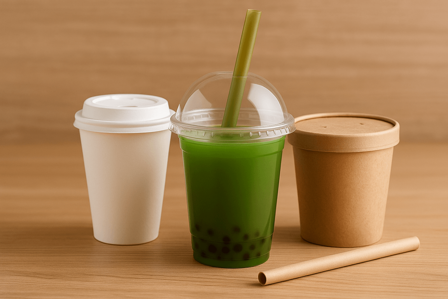 Eco-friendly bubble tea packaging including PLA cup, paper lid, and kraft container on wooden surface