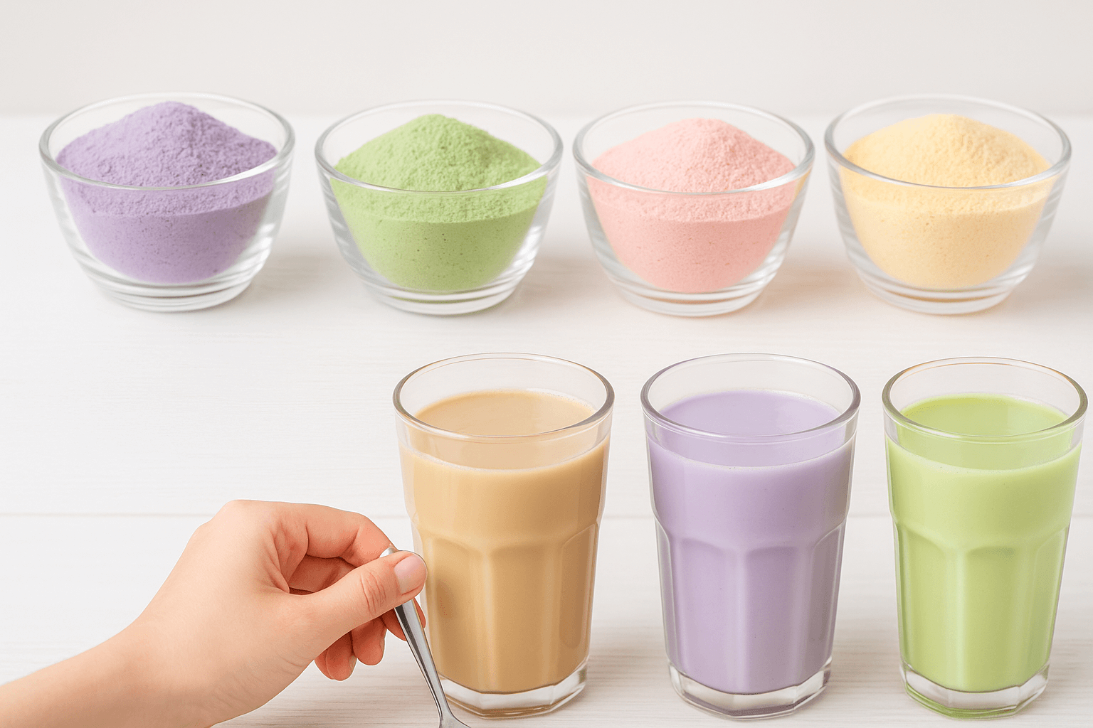 Colorful flavored powders in glass bowls with three glasses of milk tea in front, showing different ingredient options for bubble tea menus