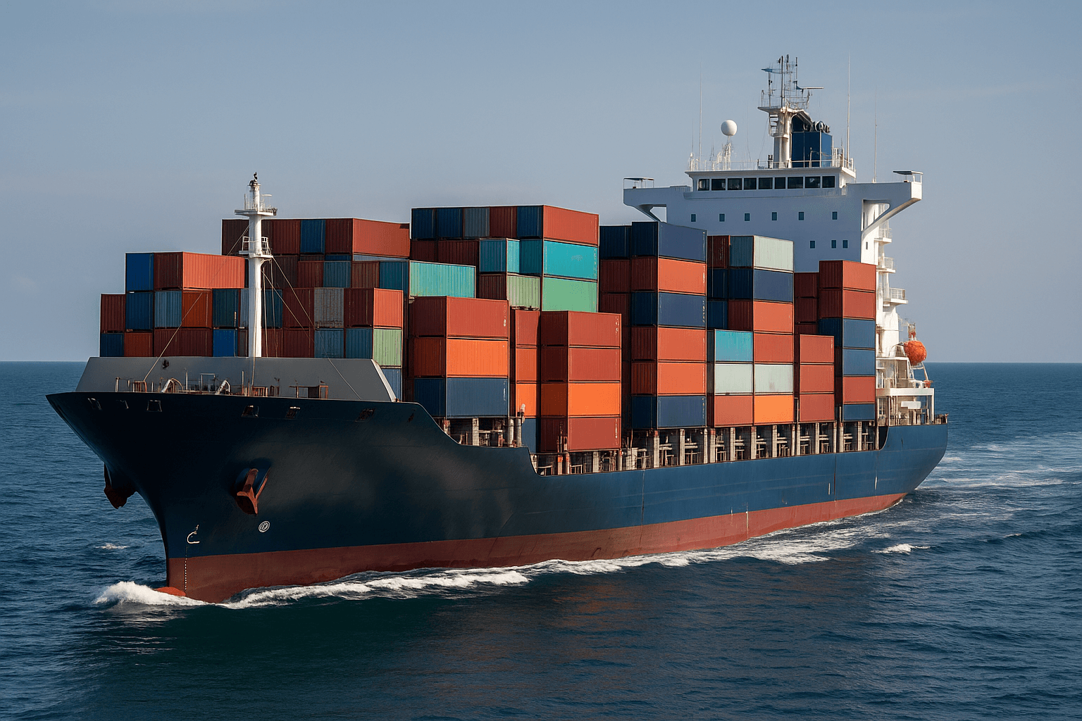 A cargo ship carrying colorful containers across the ocean, symbolizing international shipping logistics.