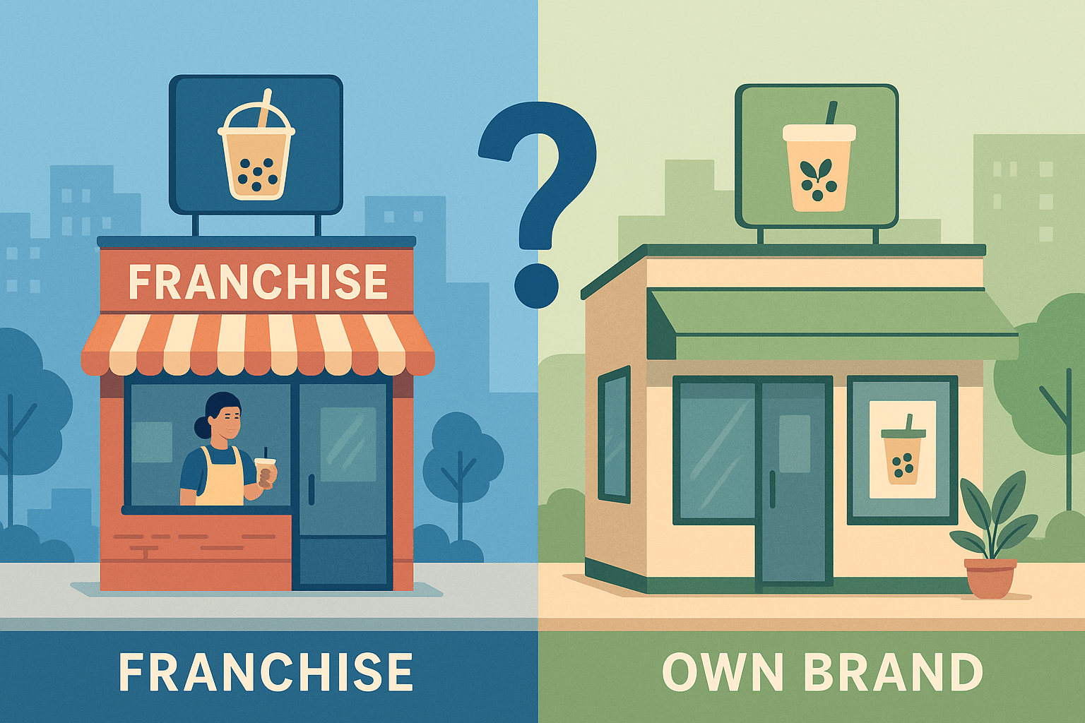 Illustration of a bubble tea franchise shop and an independent bubble tea shop with a question mark between them