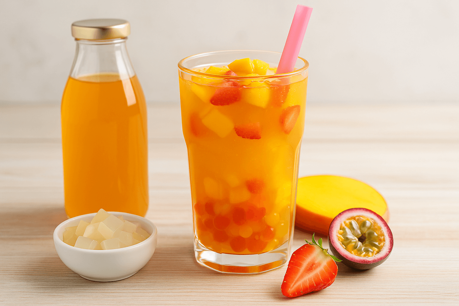 Colorful fruit bubble tea with popping boba, fruit syrup, and jelly toppings served on a wooden table