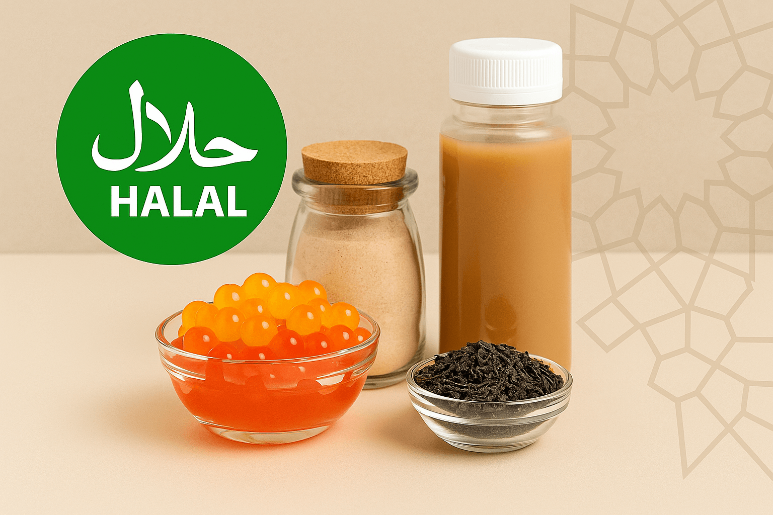 Halal-certified bubble tea ingredients displayed with verification symbols and Middle Eastern market focus