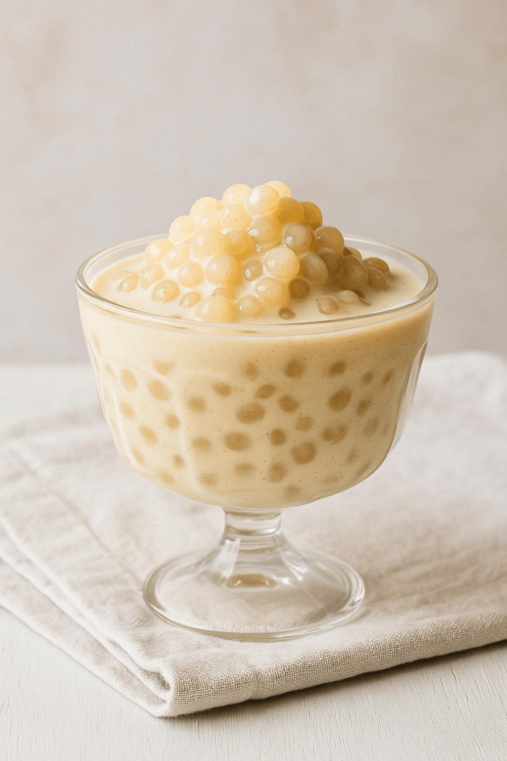 A creamy bowl of large pearl tapioca pudding served in a clear glass dish, topped with glossy boba pearls and set on a neutral table background