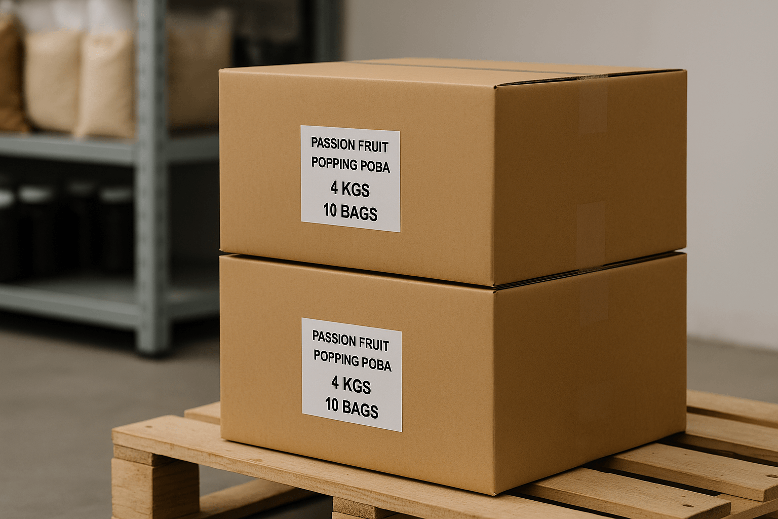 Shipping boxes of bubble tea ingredients prepared for small MOQ order in warehouse