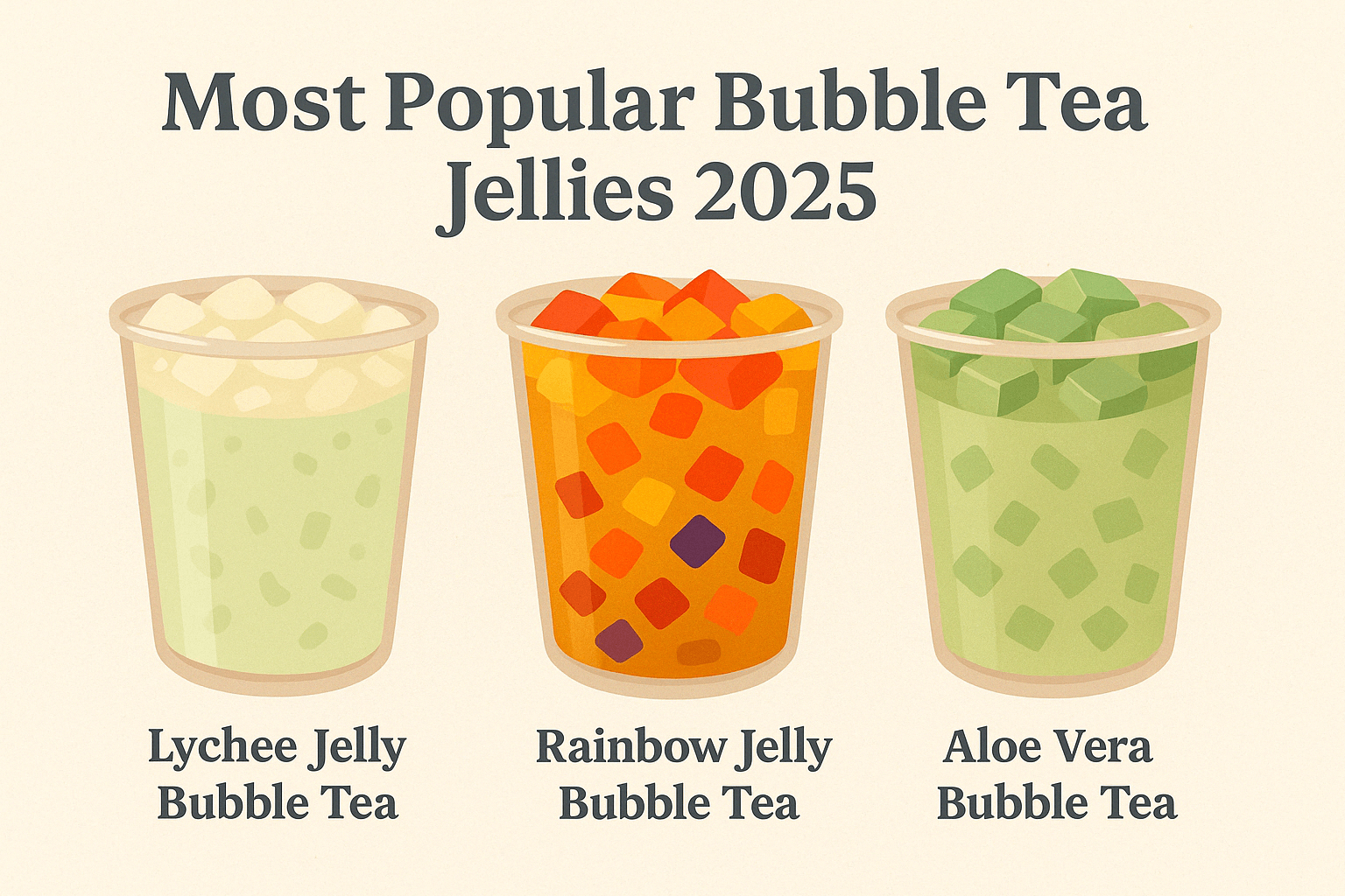 Most popular bubble tea jellies in 2025: lychee, rainbow, and aloe vera jelly in cups