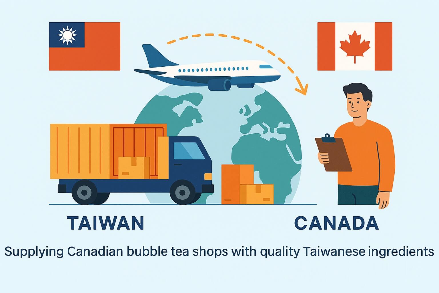 Illustration of bubble tea ingredient shipping from Taiwan to Canada, managed by Fokus Inc., featuring plane, truck, and flags