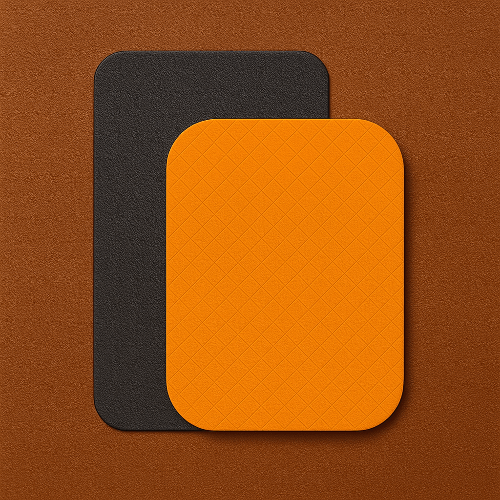 Overlapping silicone leather placemats in orange and black on a textured brown background, showcasing commercial tableware design.