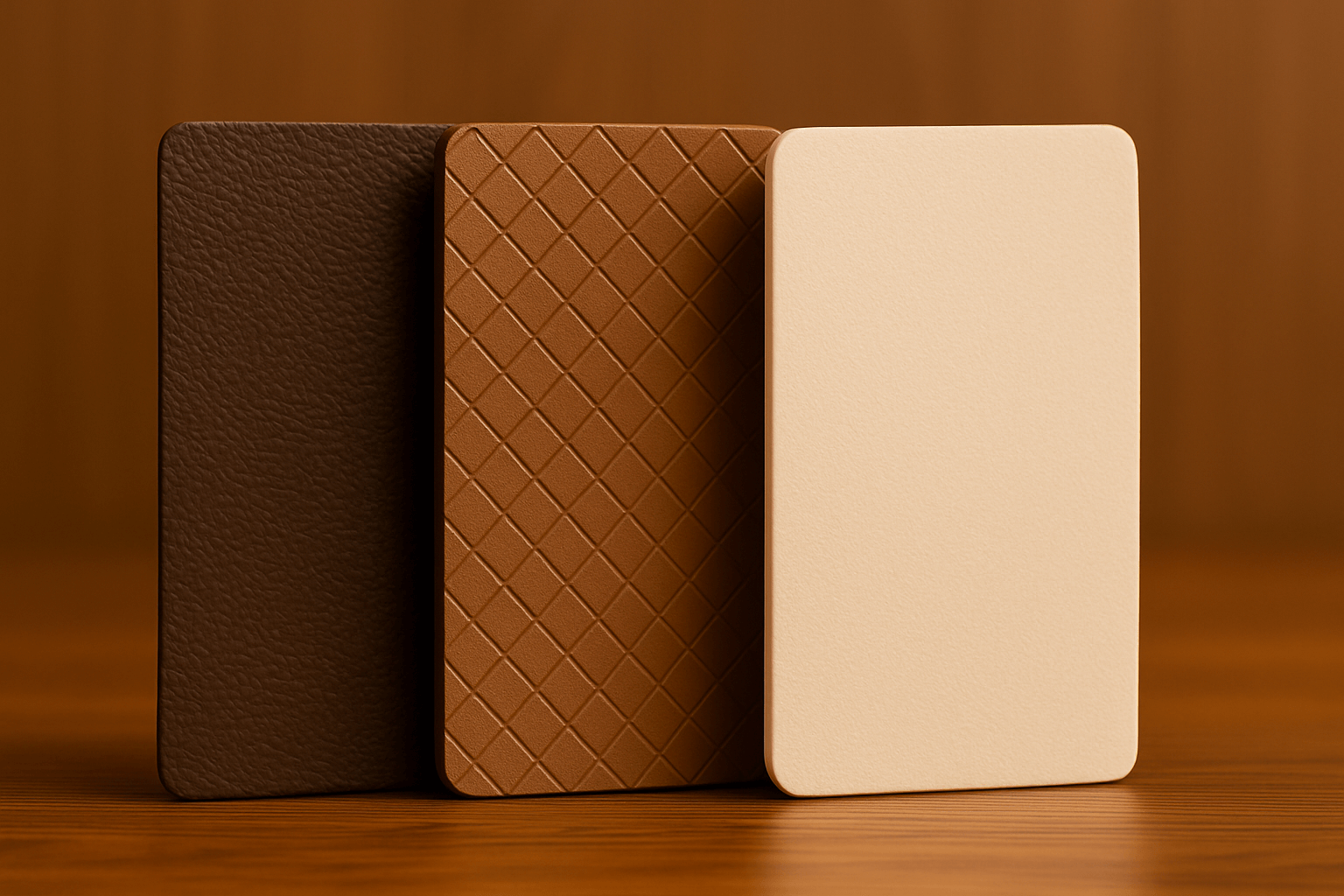 Three synthetic leather samples—PU, silicone, and PVC—standing upright on a wooden surface, showcasing different textures and colors under warm lighting.