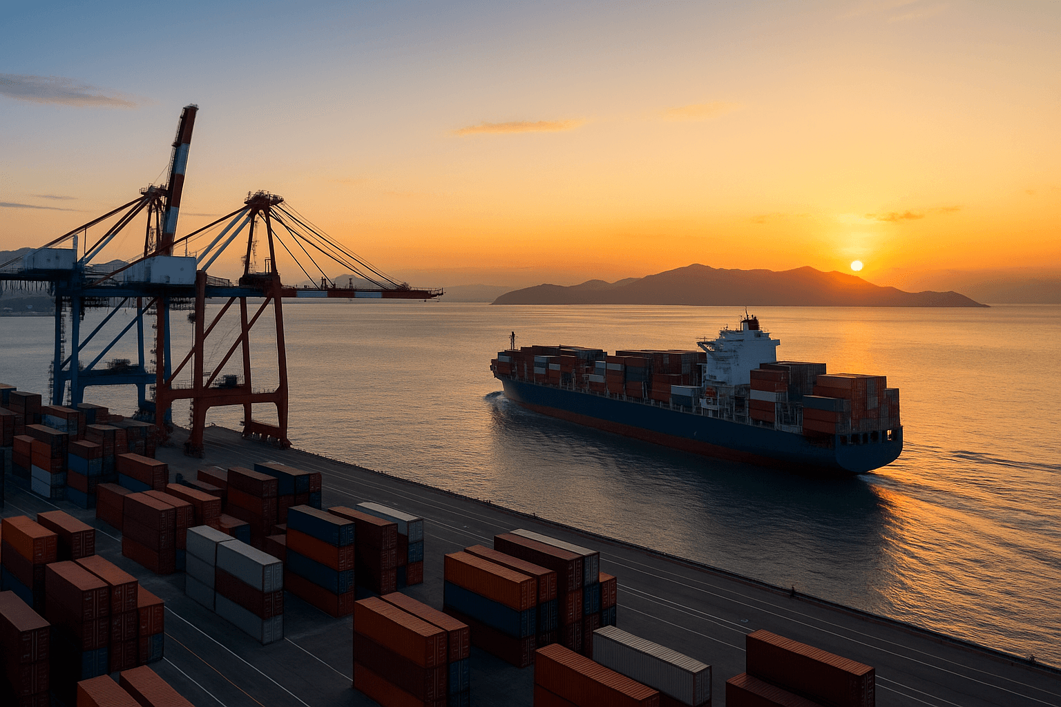 Container ship departing from a Taiwan port at sunset with stacked export cargo