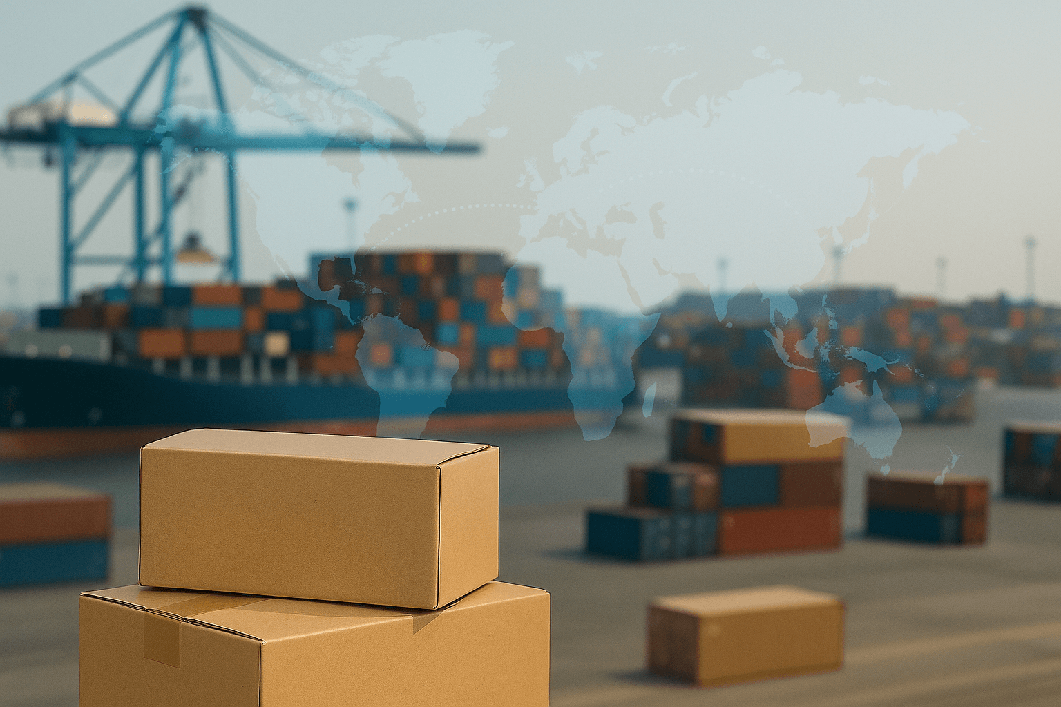 Shipping port with stacked export cartons representing Taiwanese raw material exports for bubble tea industry