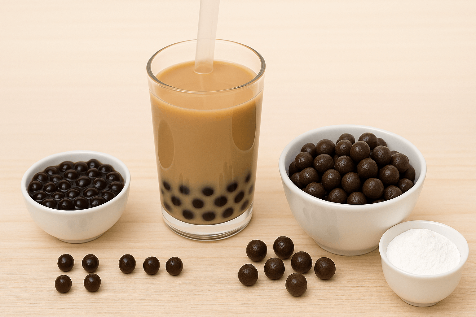 Different sizes of tapioca pearls displayed in ceramic bowls next to a glass of bubble tea on a wooden surface