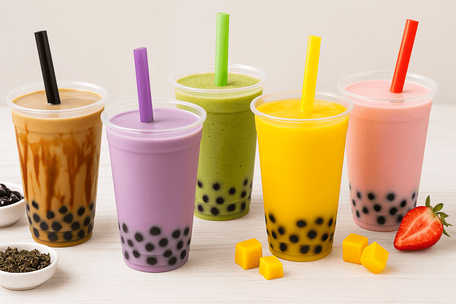 Five colorful boba tea drinks in clear cups showcasing top bubble tea flavors like brown sugar, taro, matcha, mango, and strawberry, with "FLAVORS" text above.