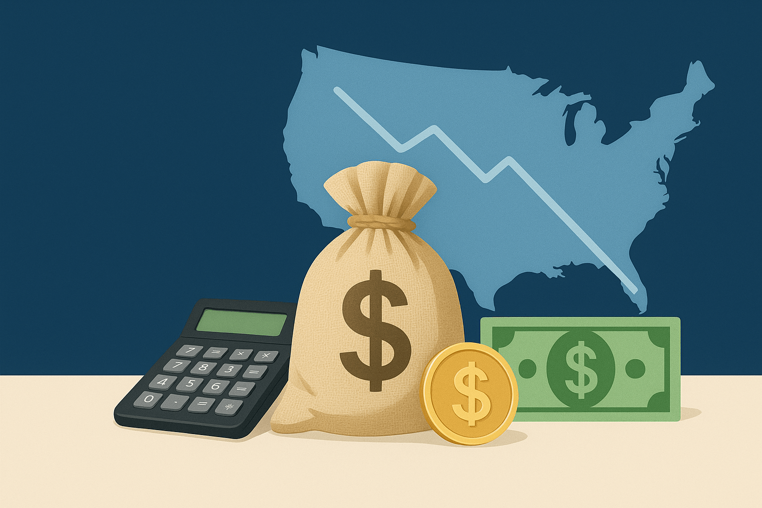 Illustration of a money bag, calculator, and dollar symbols in front of a U.S. map with a downward trend line, representing tariff and exchange rate impacts on import costs.