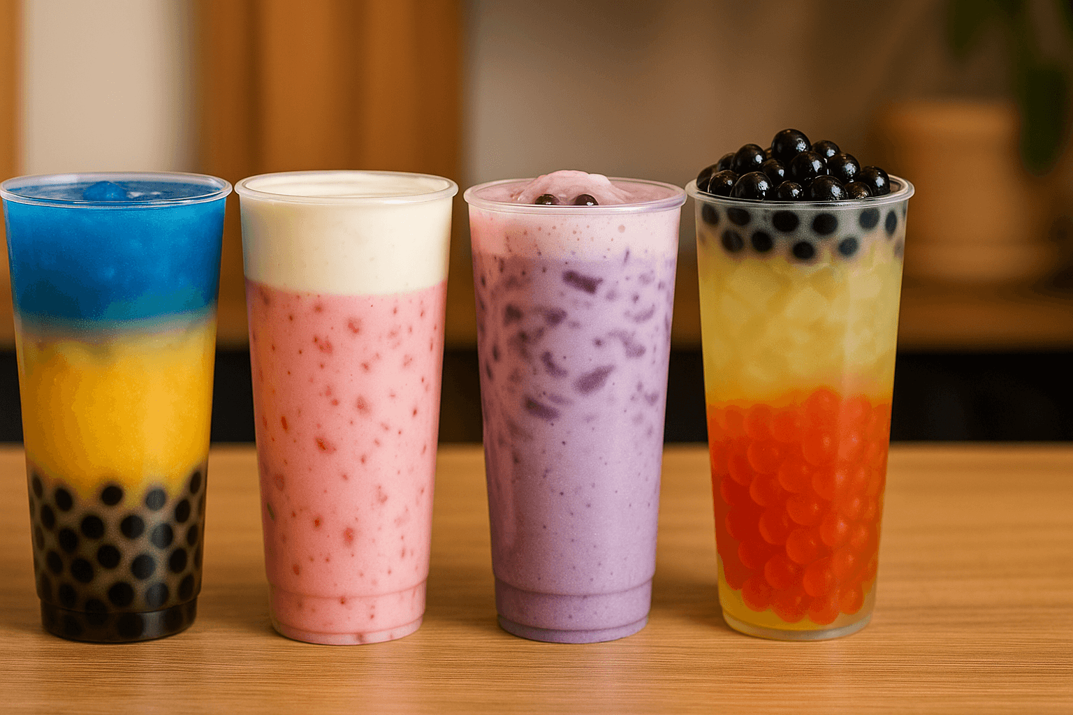 A lineup of four colorful bubble tea drinks featuring tapioca pearls, fruit flavors, and layered textures, displayed on a wooden table.