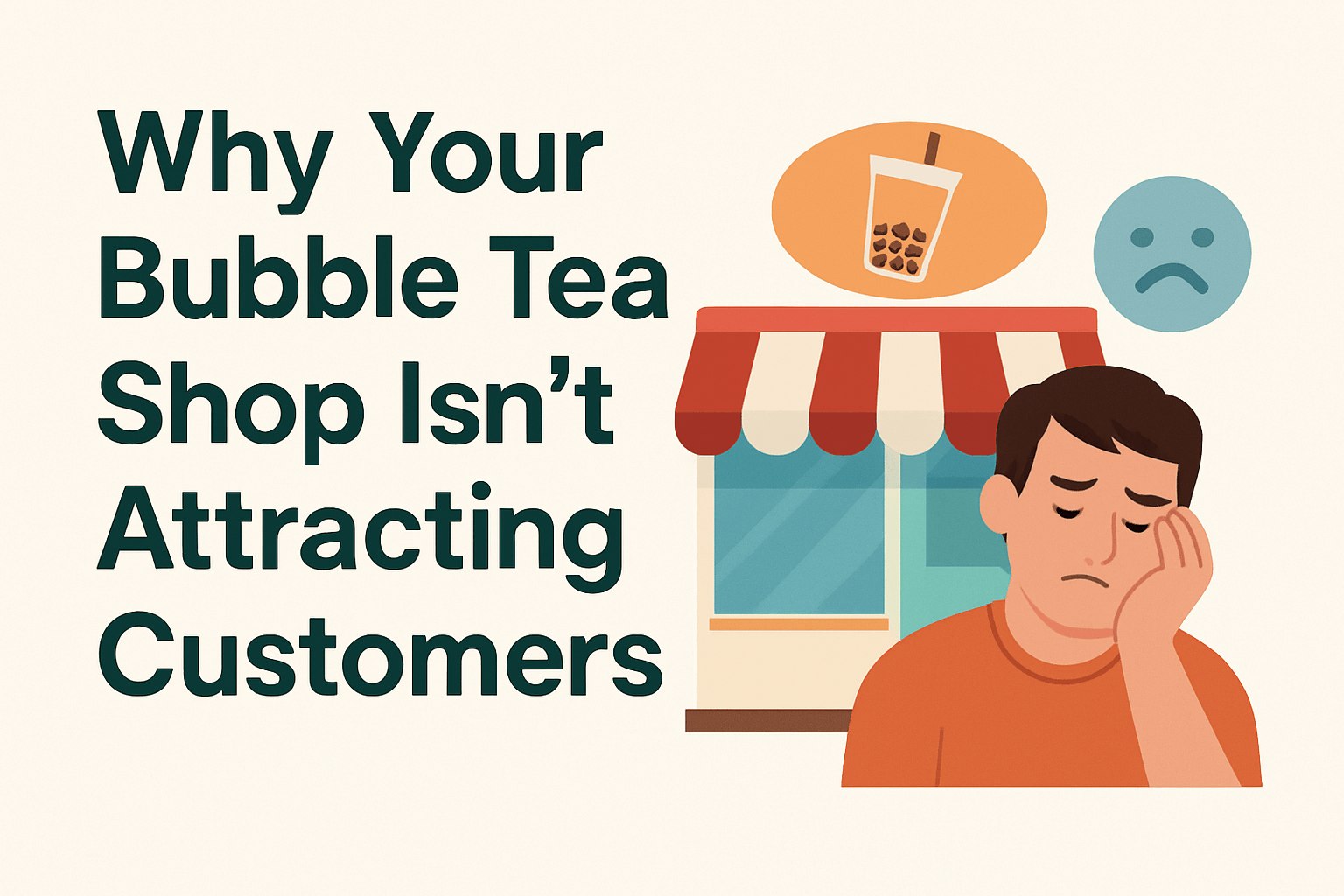 Why your bubble tea shop isn't attracting customers – illustrated cover with sad shop owner and empty tea store