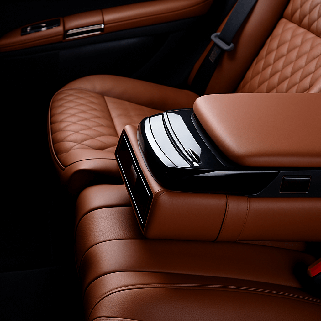 Close-up view of a luxury car interior featuring brown silicone leather seats with diamond quilting, an armrest console, and door trim accents.