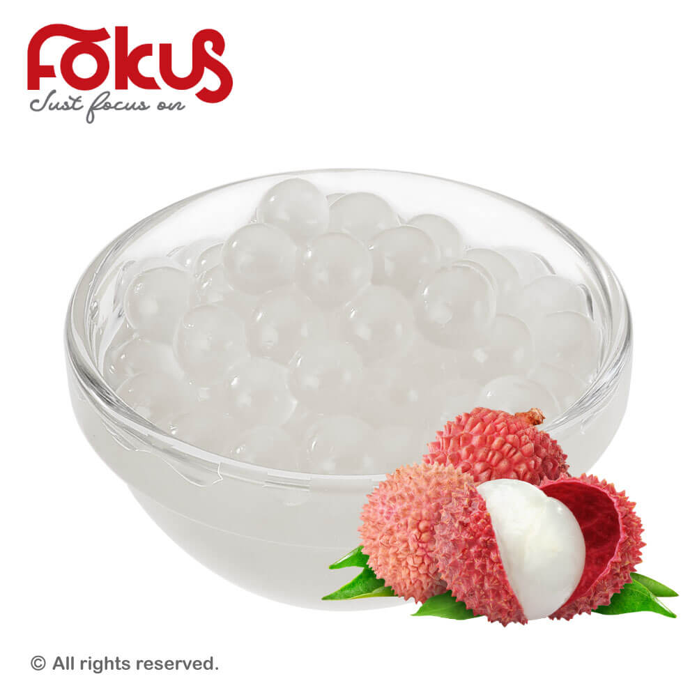 Lychee popping boba for bubble tea and fruit teas – sweet, floral bursting pearls for tropical beverages