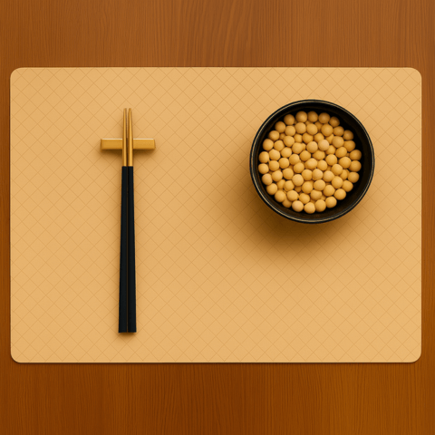 Top-down view of a cream-colored silicone leather placemat with a diamond pattern, featuring black and gold chopsticks and a bowl of yellow round beans on a wooden table.
