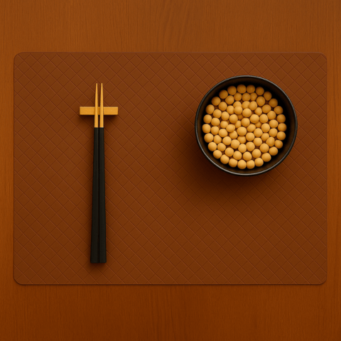Top-down view of a mocha brown silicone leather placemat with a diamond pattern, featuring black and gold chopsticks and a bowl of yellow round beans on a wooden table.