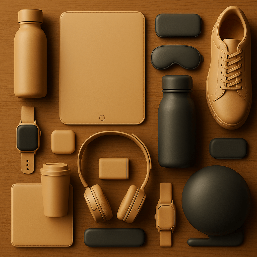 3D-rendered mockup showcasing various silicone leather product prototypes in neutral tones, arranged on a wooden surface under soft lighting.