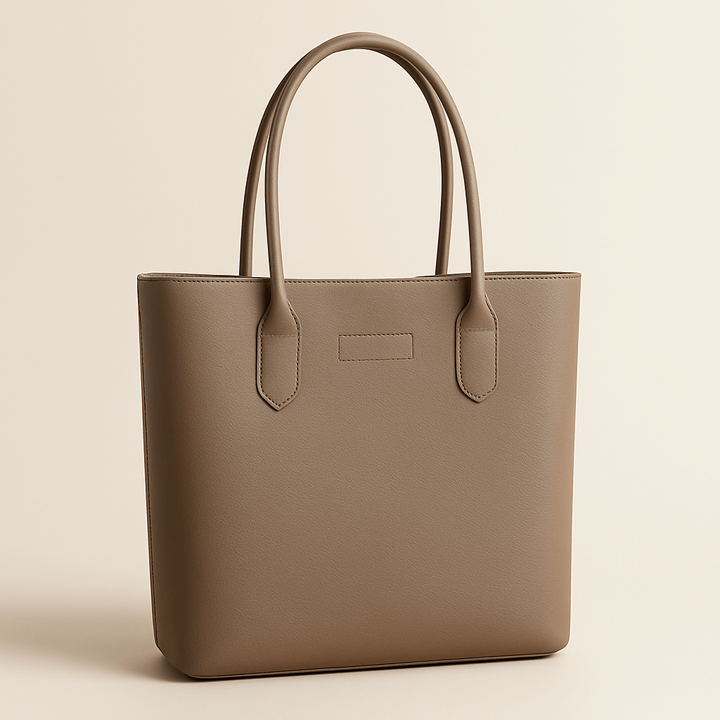Minimalist taupe silicone leather tote bag with clean design, photographed on neutral background for B2B catalog